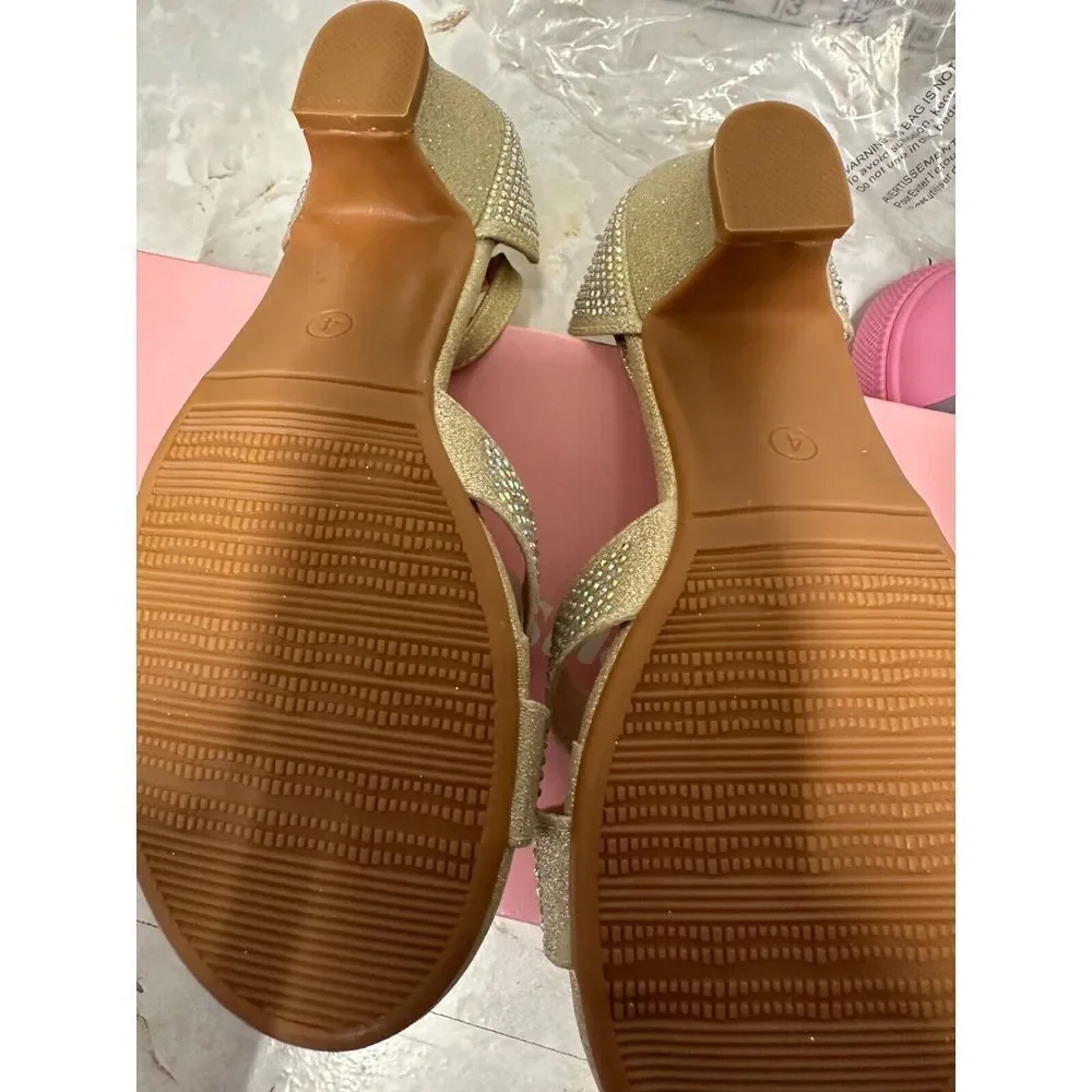 K Crosha  Big Girl's Mid Hell‎ Sandal Rhinestone Gold 4MT New !